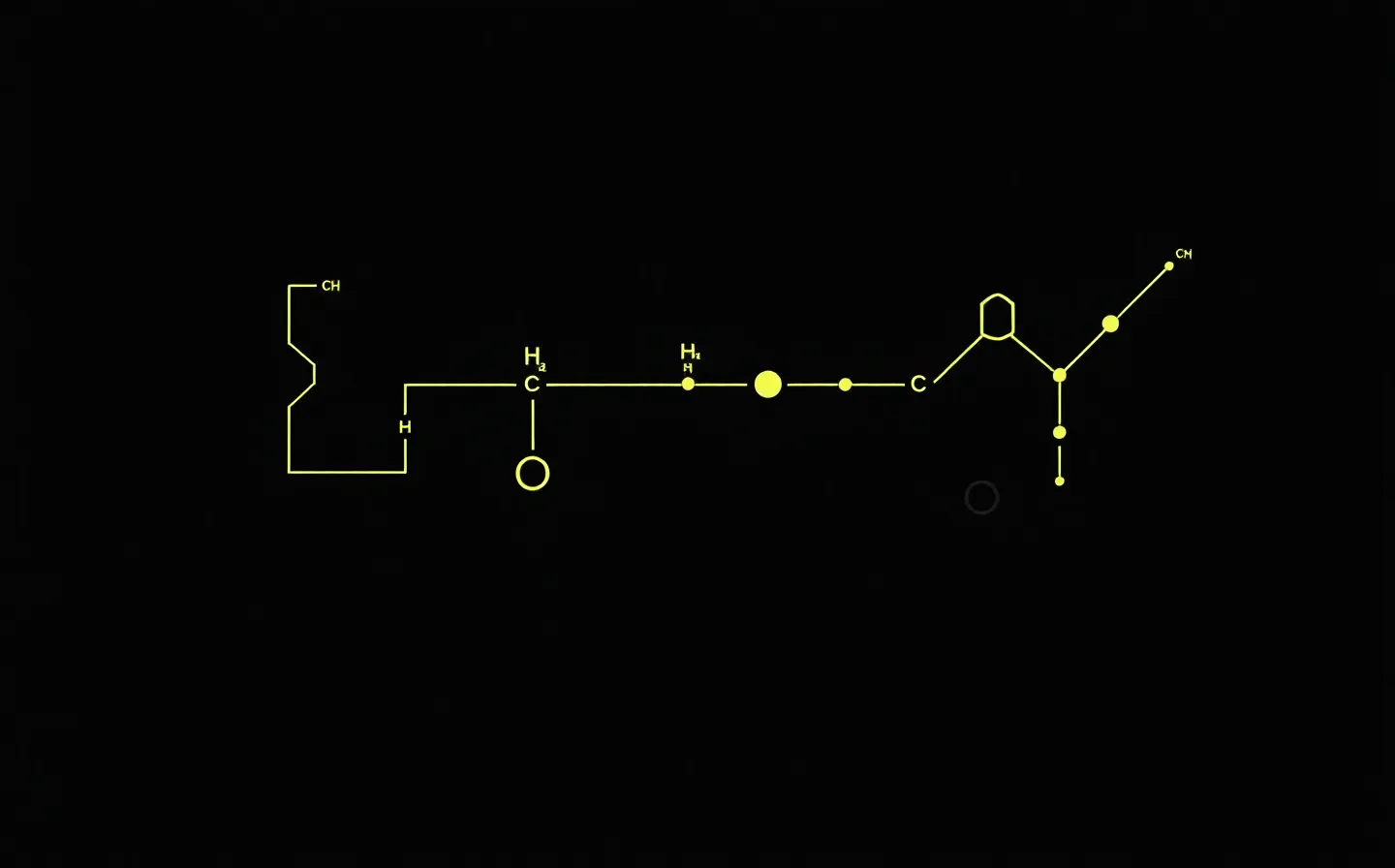 Acid-volt and green terminal-console schematic of a small seven-bead peptide fragment beside a larger full-length protein chain, the fragment highlighted as a sub-segment, on a pure-black ground